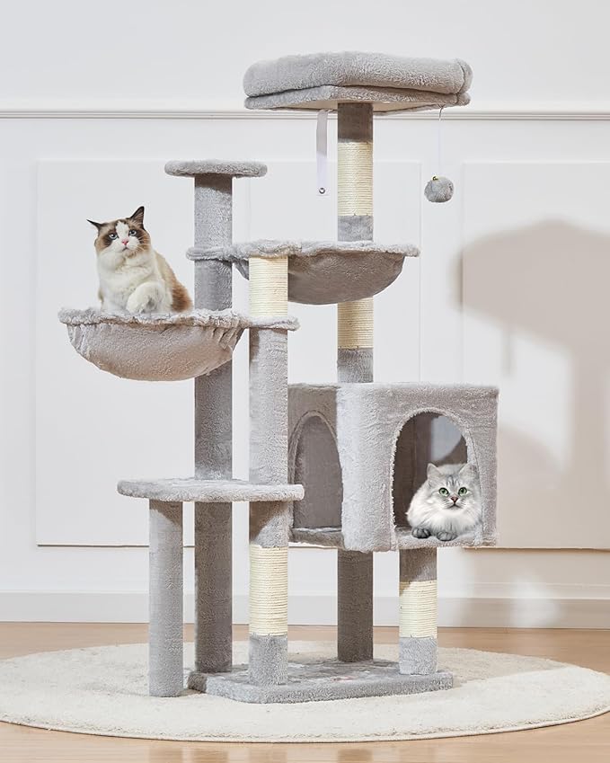 Taoqimiao Cat Tree, 48-Inch Cat Tower for Kittens, Cat Tree Tower with 5 Scratching Posts, Plush Cat Condo with Plush Perch, 2 Hammock, Pompoms, Light Gray MS019L-W