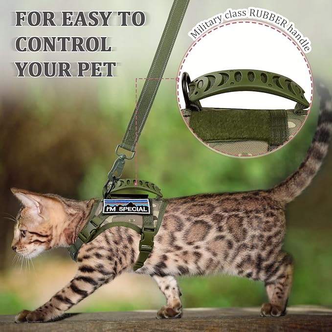 Tactical Cat Harness and Leash for Walking Esacpe Proof,Adjustable Soft Mesh Large Cat Vest with Rubber Handle Easy to Control,Molle Patches