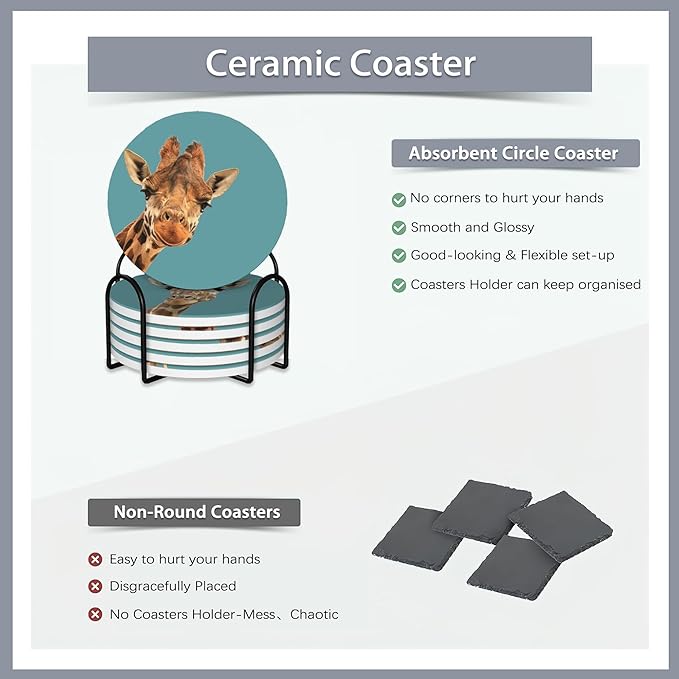 6 Pcs Coasters for Drinks with Holder,Funny Giraffe Absorbent Coaster with Cork Backing,Great Gift for Housewarming,Room Decor,Bar,Holiday Party