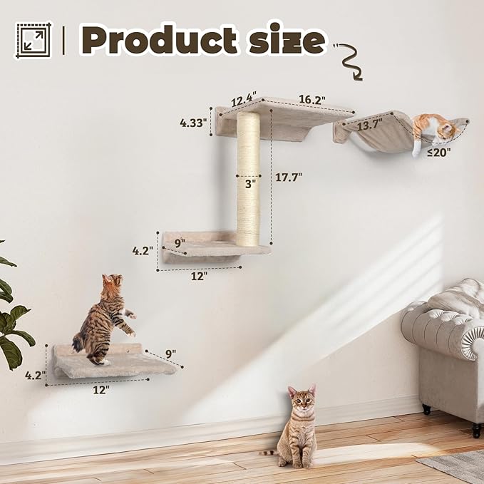 Cat Wall Furniture Shelves - 5 Pcs Wall-Mounted Cat Furniture, Including 2 Cat Steps, 1 Perches, 1 Cat Hammock, 1 Sisal Cat Scratcher Post, DIY Cat Walls Playground for Large Cats