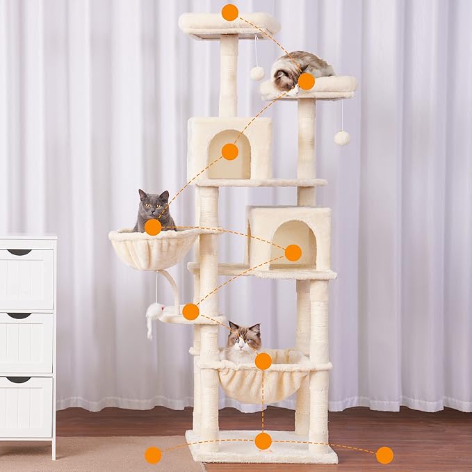 Heybly Cat Tree, 70 inches Tall Cat Tower condo with Toy for Indoor Large Cats, Cat House Furniture with Padded Plush Perch, Cozy Hammock and Sisal Scratching Posts,Beige HCT032M