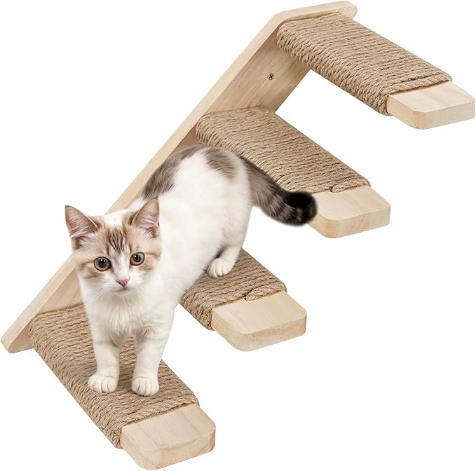 HOOBRO 4-Tier Wooden Cat Climbing Wall Shelves, Wall-Mounted Cat Wall Shelves Furniture, Cat Wall Step with Jute Scratching Rope, Solid Oak, 40-lb Load Capacity, Easy to Assemble, Natural NL12CS03N1