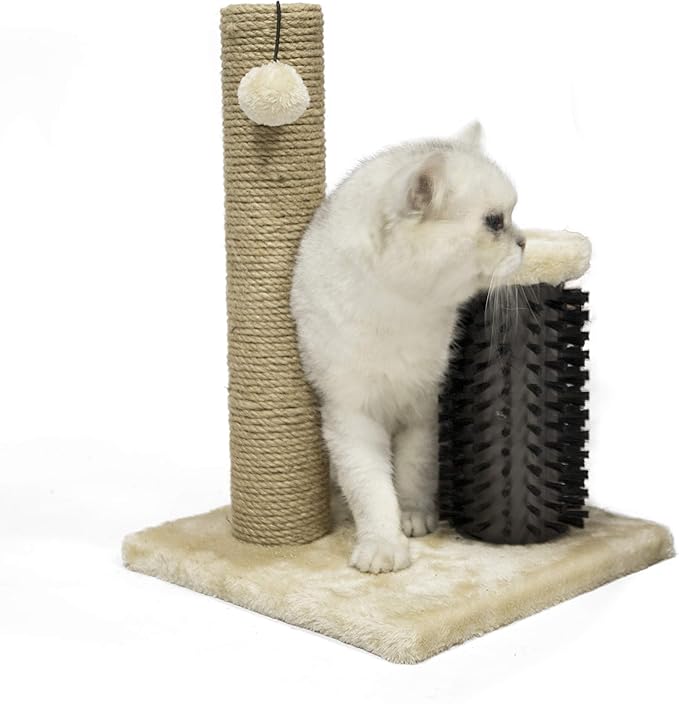 Amazon Basics Cat Scratching Post with Brush for Indoor Cats, 12.2 x 12.2 x 16.54 inch for Kittens, Beige