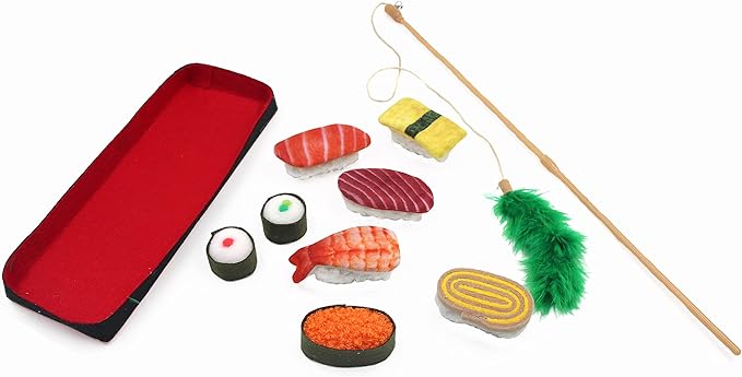 9 Assortments Pack Value Toy and Teaser Set, Interactive Catnip Cat Toys, Crinkle Toys, Feather Wand Toy, Accessories for Indoor Cat (Sushi Set)