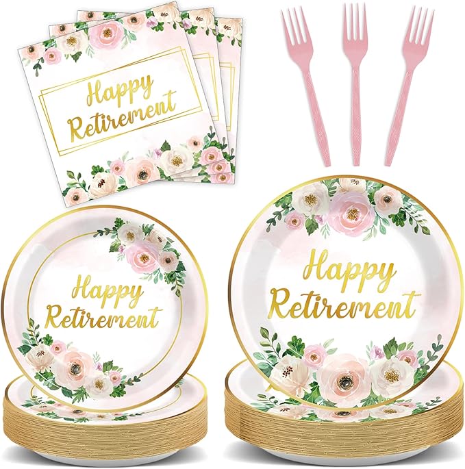 96Pcs Flower Retirement Party Decorations for Women White Peony Happy Retirement Plates Tableware Pink Gold Floral Retirement Dinnerware Napkin for Goodbye Going Away Farewell Party Supplies 24 Guests