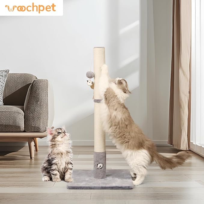 Cat Scratching Post with Premium Sisal Rope for Indoor 34in Tall Scratcher Post Tree with Mouse Hole, Hanging Ball for Adult Cats and Kittens