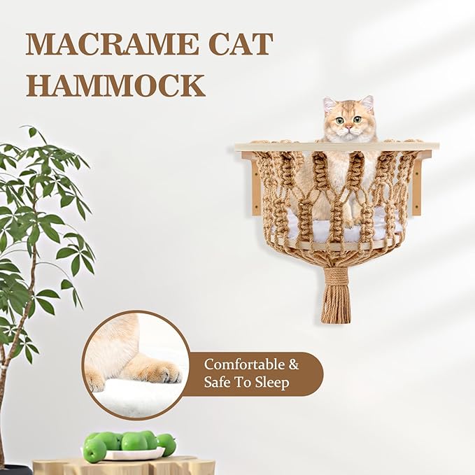Cat Wall Shelves, Cat Wall Hammock with Scratching Post and Cat Step, Cat Wall Furniture for Climbing, Playing and Sleeping, Cat Shelves and Perches for Wall for Indoor Large Cats or Kittens