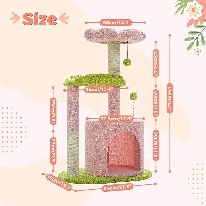 PAWZ Road Flower Cat Tree Pink 32” Small Cat Tower Cat Scratching Post with Curved Perch, Cozy Cat Condo Removable Flower Bed for Kittens and Small Cats-Pink
