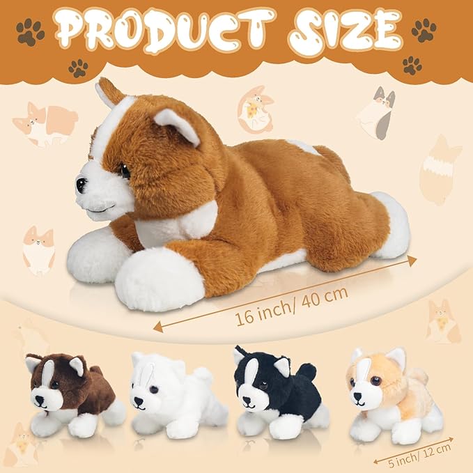 5 Pieces Dog Stuffed Animal, Corgi Stuffed Animal with Babies Inside - 1 Mommy Stuffed Dog Plush Toy with 4 Puppies, Puppy Stuffed Animals Surprise for Kids Boys Girls Easter Birthday Christmas Party