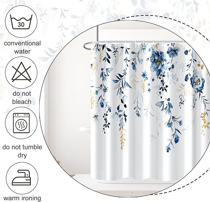 AWERT Blue Plants Shower Curtain with Hooks Watercolor Leaves Shower Curtain for Bathroom Waterproof Bathroom Accessories Bathtub Decor 48x72inch