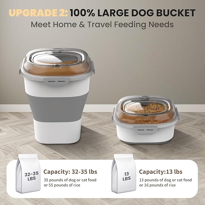 32-35 Lbs Dog Food Storage Container,Collapsible Dog Food Container with Transparent Airtight Lid,Wheels,Date Track,Pet Food Storage Container for Rice,Flour,Sugar,Scoop And 2PCS Containers