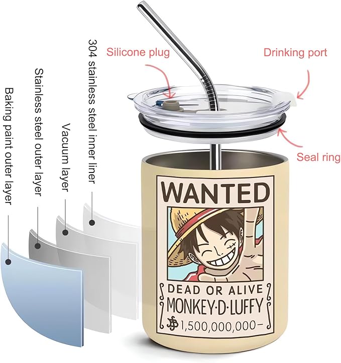 12 oz Vacuum Insulated Tumblers with Lid and Straw, Double-Walled Stainless Steel Coffee Mug for Office Home,Cute One Piece Manga Anime Gifts