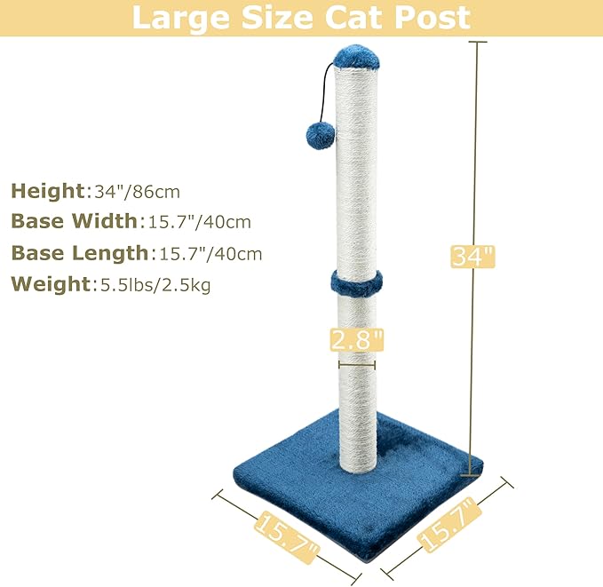 Dimaka 34" Tall Cat Scratching Post for Large Cats and Kittens, High Vertical Scratcher with Premium Natural Sisal Rope and Interactive Hanging Ball for Indoor Cats (Blue, 34 inches)
