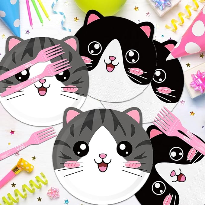 48Pcs Cat Birthday Party Decorations Meow Pawty Disposable Plates Napkins And Forks Serves 16 Pet Kitten Baby Shower Birthday Party Decorations