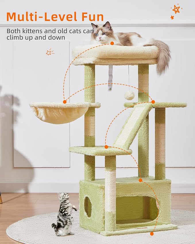 Taoqimiao Cat Tree,38.2-Inch Cat Tower for Indoor Cats,Suitable for Kittens with Luxurious cat condo with Adjustable Baskets and Luxurious Perch MS029SGB Green and Beige