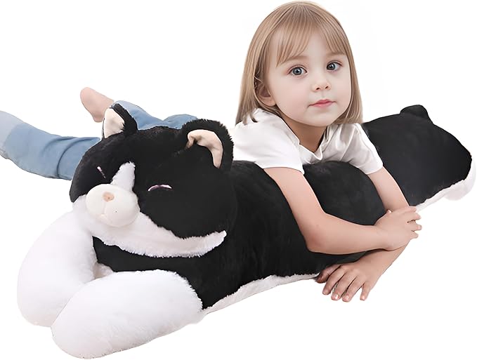 40'' Large Cat Sleeping Long Plush Pillow Toy, Milk Black White Kitty Soft Cat Stuffed Animals, Big Kitten Plushies Cute Doll Gift for Kids Girls Boys, Birthday