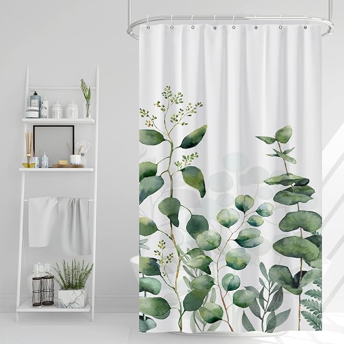 AWERT Small Half Size Stall Shower Curtain with 6 Hooks Shower Stall Curtain 48 x 72 Plant Sage Green Leaves 36 inch Shower Curtain for Bathroom/RV and Camper (Green Leaves)