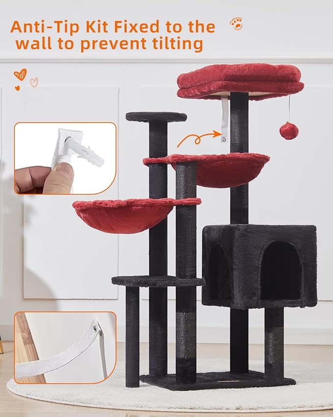 Taoqimiao Gothic Cat Tree, 39.4-Inch Cat Tower for Indoor Cats,Suitable for Kittens,Plush Cat Condo with 5 Scratching Posts, Plush Perch,2 Hammock,Pompoms, MS019BR Black and Red