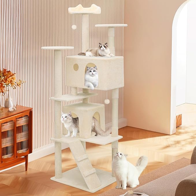 MoNiBloom Cat Tree, 77 Inch Cat Tree Tower with 2 Condo, Tall Cat Tower with Scratching Post, Cat Climbing Tower, Cat Tree for Indoor Cats, Beige
