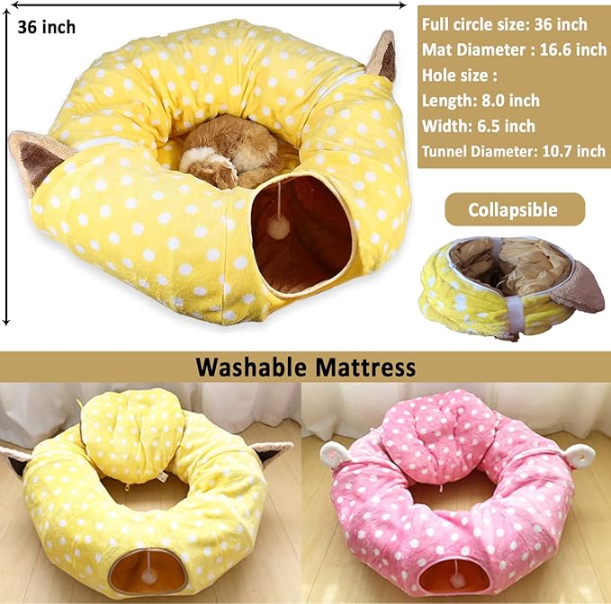 AUOON Cat Tunnel Bed with Central Mat Under Christmas Tree,Big Tube Playground Toys,Full Moon Shape for Kitten,Cat,Puppy,Rabbit,Ferret,Yellow