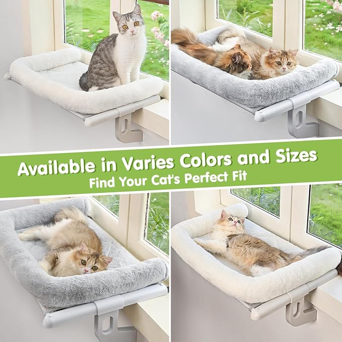 Cat Window Sill Perch with Large Bolster, Easy to Adjust & Assemble Cat Window Seat for Windowsill & Bedside, Cat Hammock Bed for Large Cats and Kittens (White, L)