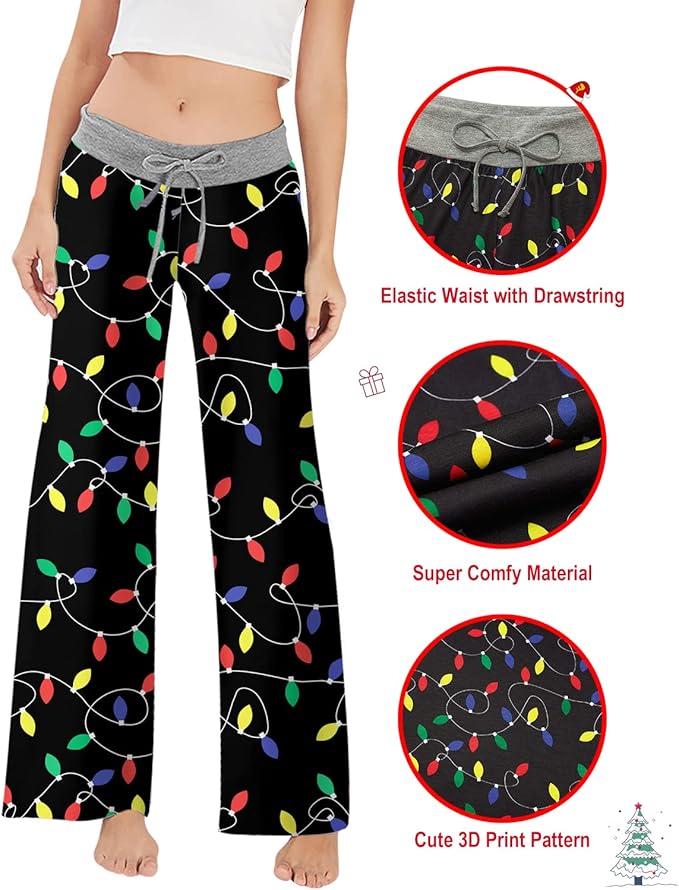 ALISISTER Christmas Womens Pajama Pants Casual Comfy Sleepwear Wide Leg Drawstring Bottoms