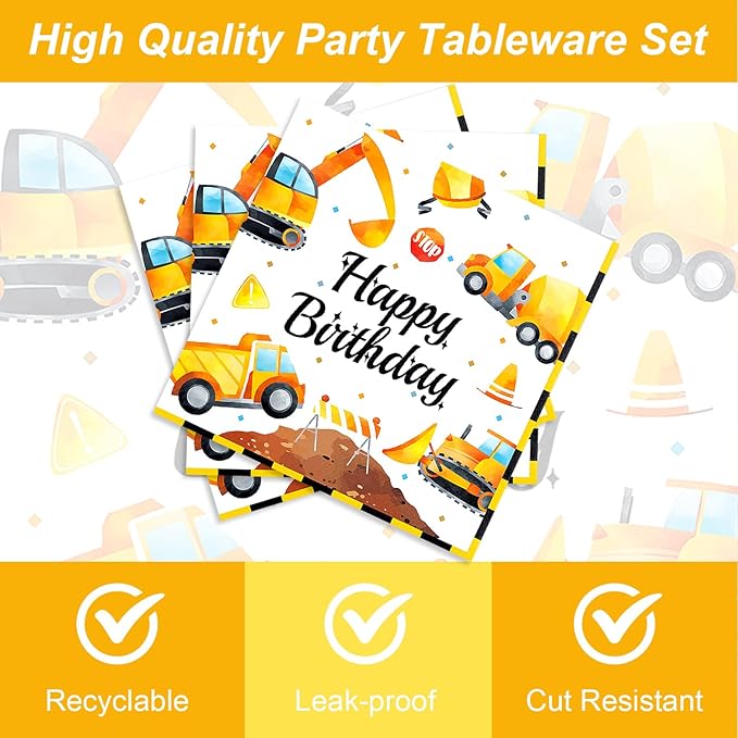 48Pcs Construction Birthday Party Supplies Excavator Trucks Theme Tableware Set Plates Napkins Forks Serves 16 Guests Construct Vehicle Baby Shower Birthday Party Decorations