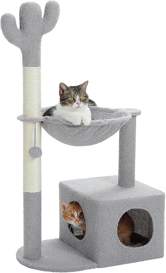 Cactus Cat Tree Cat Scratching Post 40" Cat Tower with Large Metal Carpet Hammock, Cat Scratching Post for Indoor Cats with Condo& Dangling Ball, Grey