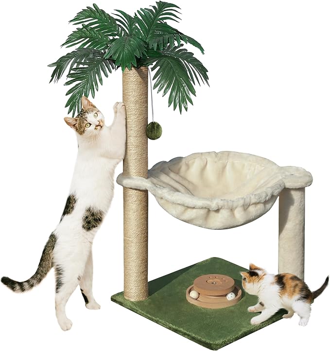 Cat Scratching Post 30 Inches Small Cat Tree Tower with Cat Hammock, Cat Hammock with Cat Toy Wooden Interactive, Cat Condo for Kitten and Adults Cat