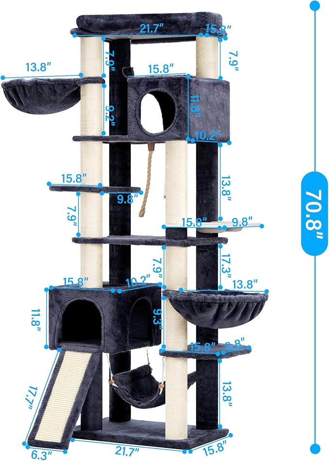 Hey-brother Cat Tree, 70.8 Inches Multi-Level Cat Tree Tower for Large Cats, Heavy Duty Cat Tower with Cat Condo,Baskets, Cat Scratching Posts, Big Hammock and Food Bowls, Smoky Gray MPJ036G
