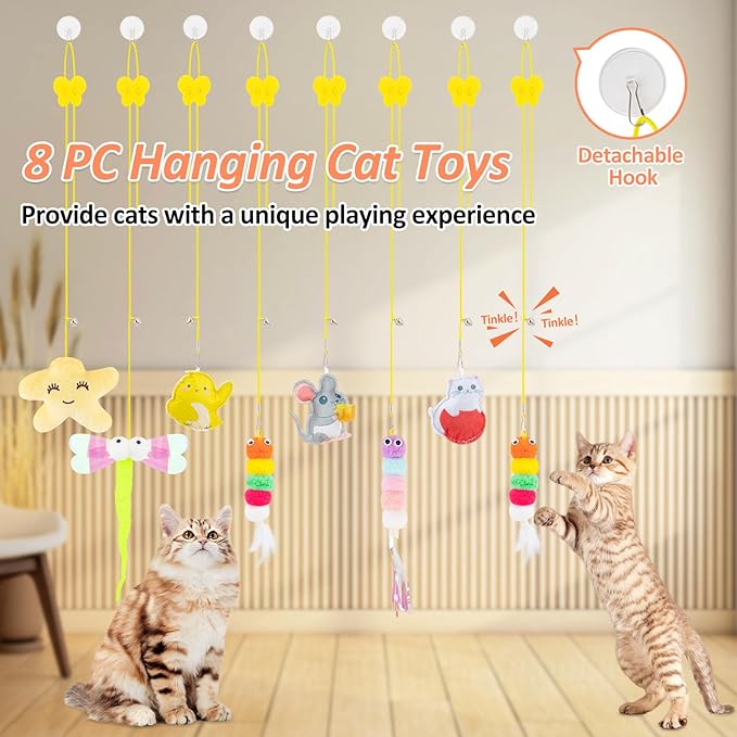8PC Interactive Cat Toy Cat Feather Toy, Hanging Cat Toy Cat Door Toy Retractable Cat Teaser Hunting Toy, Door Hanging Kitten Mouse Toy Door Frame Hanger for Indoor Cat Mental Physical Play