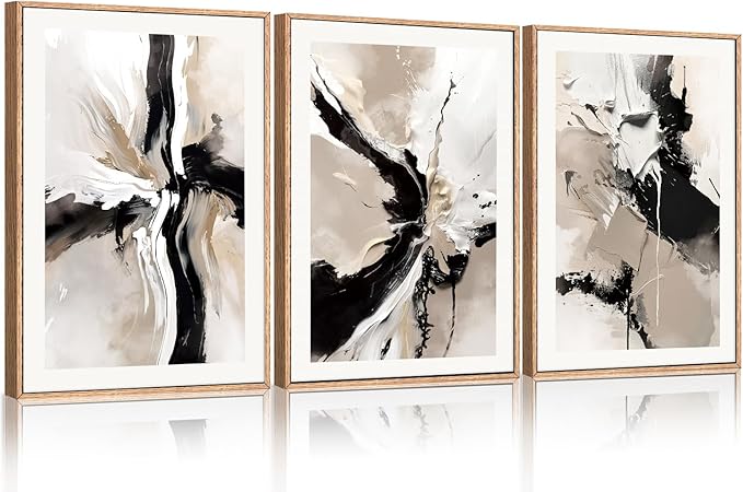 Abstract Black Brown Framed Canvas Wall Art Set, Beige Black Shapes Wall Decor, Neutral Color Block Wall Painting, Minimalist Brush Stroke Art Prints for Living Room, Bedroom, Office 16"x24"x3