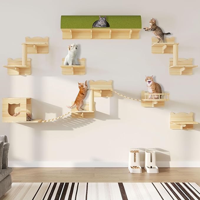 YITAHOME Cat Wall Shelves and Perches for Wall, Solid Wood Wall Mounted Cat Furniture 16 Piece Set, Cat Climbing Shelves Playground Scratching Post with 8 Steps Indoor Mounted Condos House