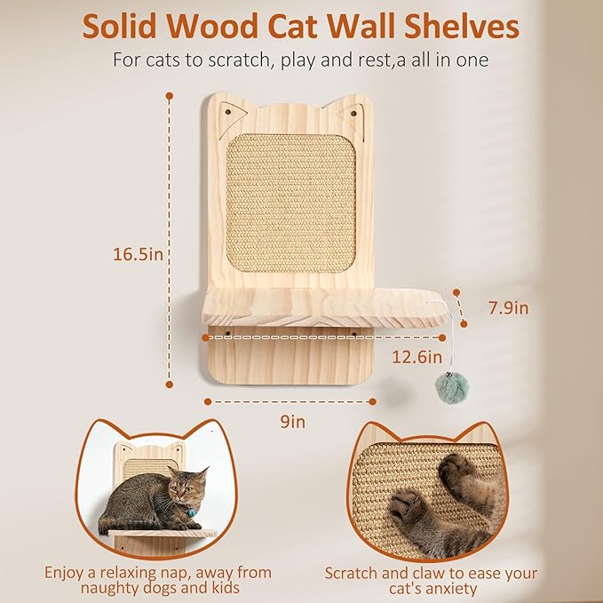 Cat Wall Shelves and Cat Wall Climber for Wall, Wooden Wall Mounted Cat Furniture, 5 Set ofCat Climbing Perches with Wall Steps, Scratching Posts, Scratching Perch, and Cat Tunnel