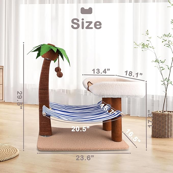 Cat Scratch Post with Hammock,29.5 Inches Tall Cat Scratcher with Cat Bed for Indoor Cats,Sisal Rope Cat Tree Scratching Post Tall with Hanging Ball for Small Cat Kitten