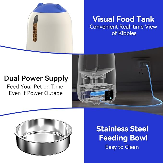 Automatic Cat Feeder with Dual Power Supply, 3L Capacity, Timer Function, Moisture Resistant Design, Detachable for Easy Clean, Blue