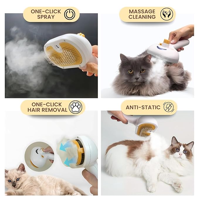 2025 Pet Grooming Brush with Spray for Cats & Dogs; Water/Mist/Steam Brush for Cat & Dog; 4in1: Self Cleaning, Anti Static Shedding Spray Comb, Hair Removal, Misting Indoor Steamy Grooming Brush