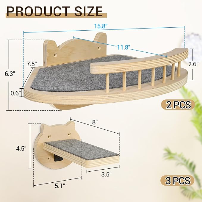 Cat Wall Shelves, Cat Shelves and Perches for Wall, Wood Cat Shelves Wall Mount, Cat Wall Furniture with 3 Cat Wall Steps Cat Scratch Post, Burlywood Indoor Cat Climbing Shelf for Living Room, Bedroom