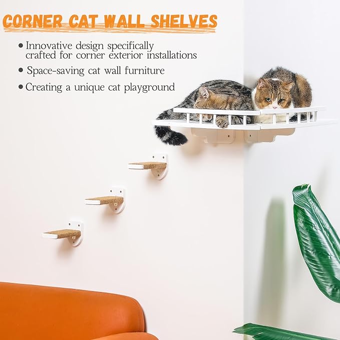 Cat Shelves for Wall, 2 Pcs Cat Wall Shelves with 3 Cat Wall Steps, Wood Cat Wall Furniture Set with Plush Covered, Wall-Mounted Cat Climbing Shelves Cat Perch for Indoor Large Cat (White)