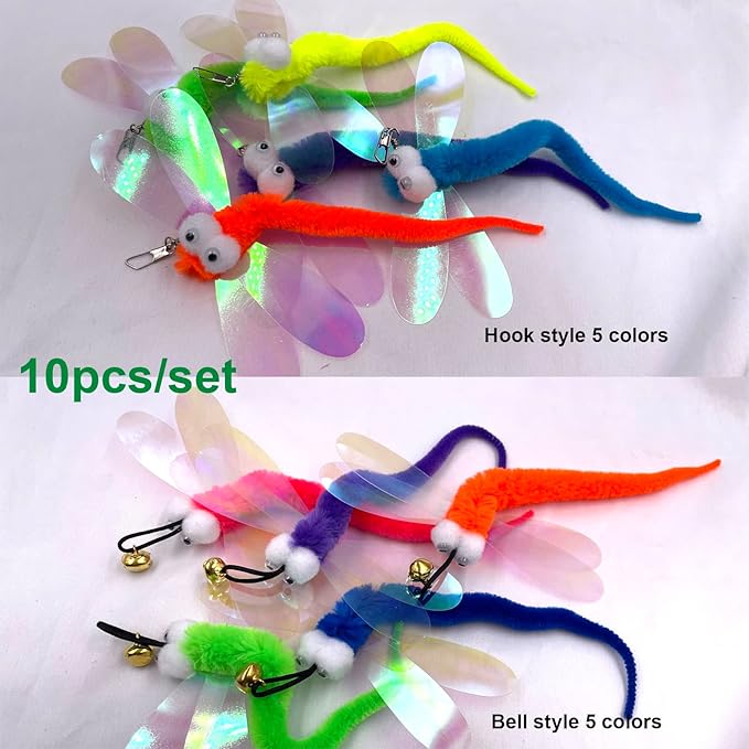 AcceLeah Cat Worm Toy Refills Cats Teaser Toys Cat Wand Refill Wand Replacement,Cat Worms and Dragonfly Refill,Cat Wand Toy Assorted Teaser Refills with Bell (10 Pcs Dragonfly Set)
