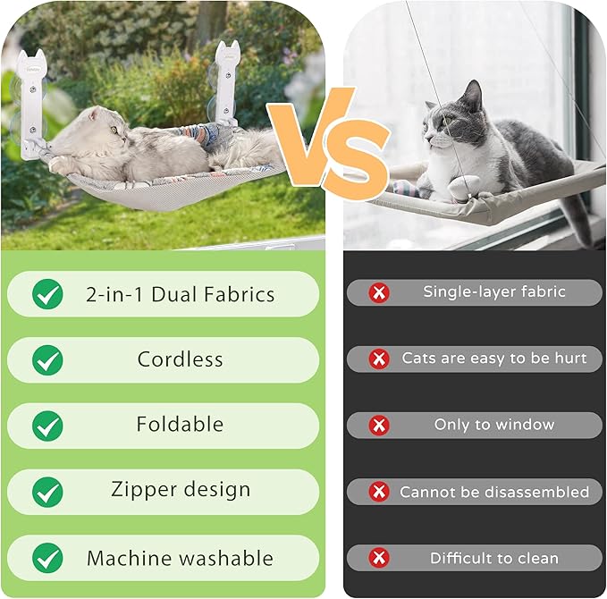 Cat Window Perch, Glow in The Dark Foldable Cat Hammock with Sunken Design & Removable Soft Cover, Breathable Cordless Window Bed for Resting Indoor Kitten (Grey, 1 Pack)