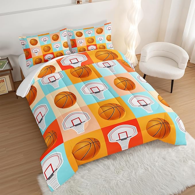 Basketball Comforter Kids Bedding Twin Size,Sports Style Basketball Printing Bedding Set for Teens Boys Bedroom Decor,Ball Sports Games Comforter Set Soft Kids Bedding with 2 Pillowcases.