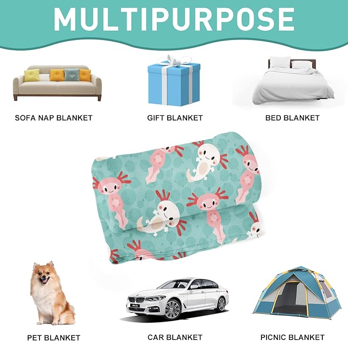 Axolotls Blanket Axolotl Present Soft Flannel Lightweight Axolotl Throw Blanket for Kids Girls Boys All Season Cartoon Salamander Blankets for Sofa Couch Bed Decorative Axolotls Green Blanket