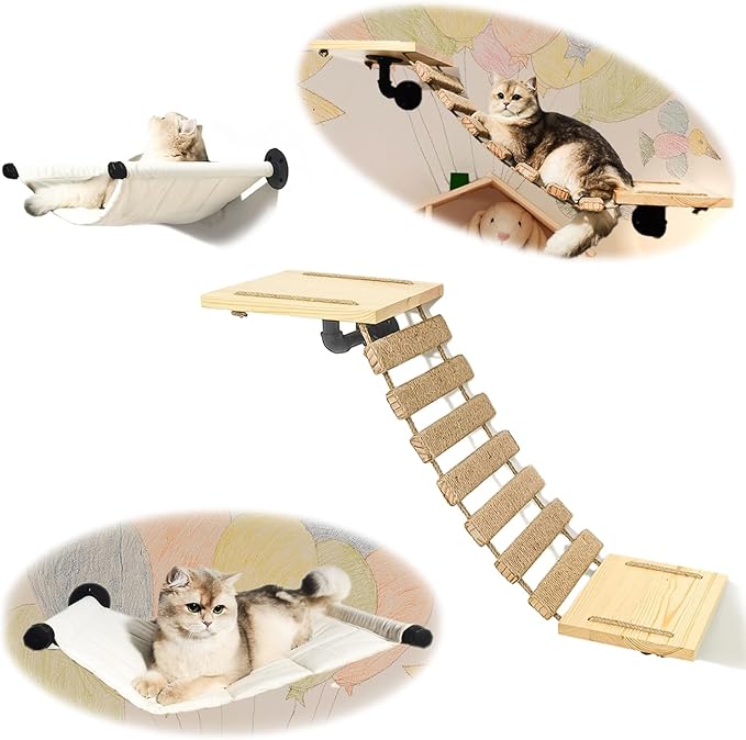 Cat Wall Frame for Climbing. Handcrafted Pine Furniture: Sisal Rope Suspension Bridge, Cat Hammock, Steps and Travel Platform. Suitable for Climb, Perch, Activity. DIY Cat Highway and Cat Wall.