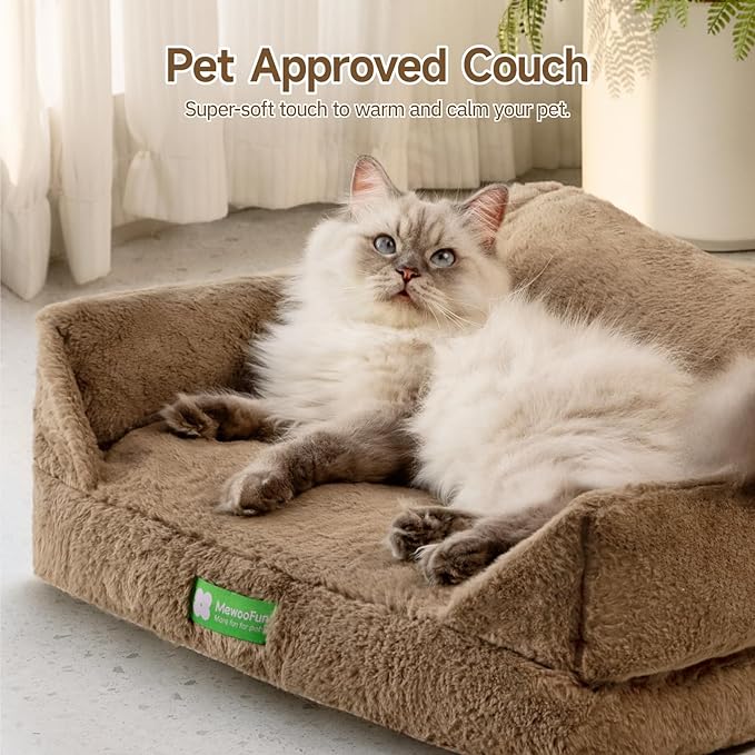 MEWOOFUN Cat Couch Bed for Indoor Cats, Fluffy Cat Sofa for Small Pets with Removable Washable Cover, Cute Cat Bed with Non-Slip Bottom, Cat Beds & Furniture for Small Pets(Brown,S)
