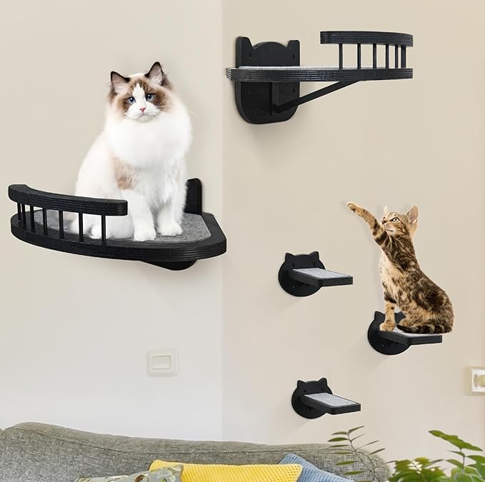 Cat Wall Furniture Wall Mounted, 2PCS Cat Shelves and Cat Perches for Wall with 3 Cat Wall Steps and Scratching Pad, Cat Climbing Condo Fit Cat Up to 15Lbs, Wood Cat Hammock Wall Mount (Black)