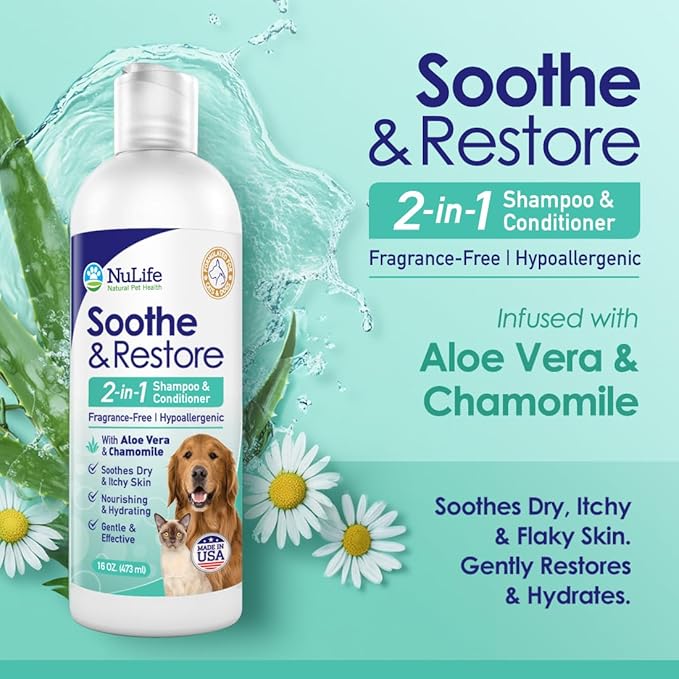 2-in-1 Dog Shampoo and Conditioner with Soothing Aloe Vera & Chamomile, Sensitive Skin, Fragrance-Free, Hypoallergenic Formula Provides Itchy Skin Relief from Dry Skin & Allergies - 16oz