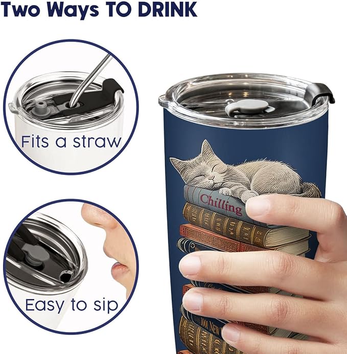 34HD Cat Coffee Tumbler with Lid, 20 oz Stainless Steel Vacuum Insulated Cat Book Travel Mug, Birthday Christmas Mothers Day Gifts for Pet Lovers Women Mom Librarian Her