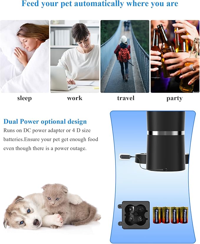 Automatic Cat Feeder, WellToBe Pet Feeder Food Dispenser for Cat & Small Dog with Two-Way Splitter and Double Bowls, up to 6 Meals with Portion Control, Voice Recorder - Battery and Plug-in Power