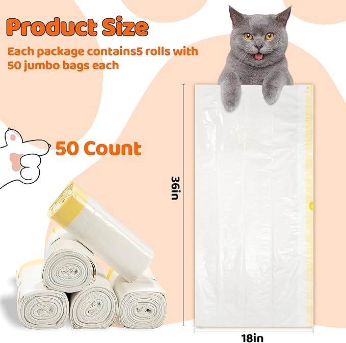 50 Count Litter Box Liners Jumbo 36" x 18" Tear Resistant Cat Litter Bags Liners 2.5MIL Thicken Drawstring Durable Cat Pan Liners Extra Large Kitty Litter Box Bag Disposable Pet litter Bags for Poop
